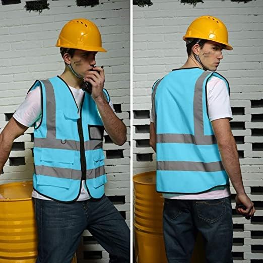 BeautyWill Safety Vest Custom Logo Class2 High Visibility Reflective Vest with 5 Pockets Construction Security Work Vest ANSI/ISEA Standards（Blue，4XL ）