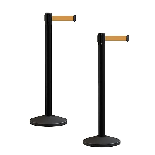 Crowd Control Warehouse CCW Series RBB-100 - Set of 2 Stanchion Retractable Belt Barriers - 9 Foot, Brown Belt with Black Post - Easy Assembly