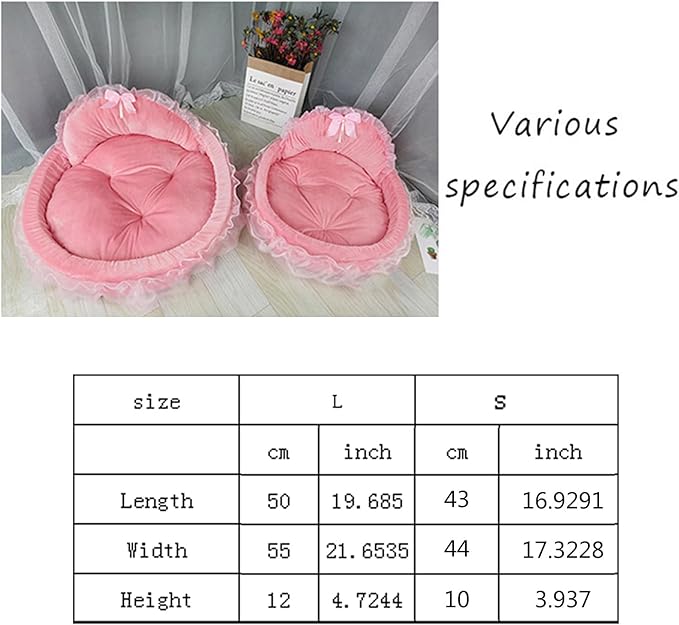 Princess Pet Bed with Bows Ruffled, Lace Design Soft and Beautiful Dog Sofa Detachable Cushion Princess Nest, Indoor Cave, Bottom, Removable Plush Cover