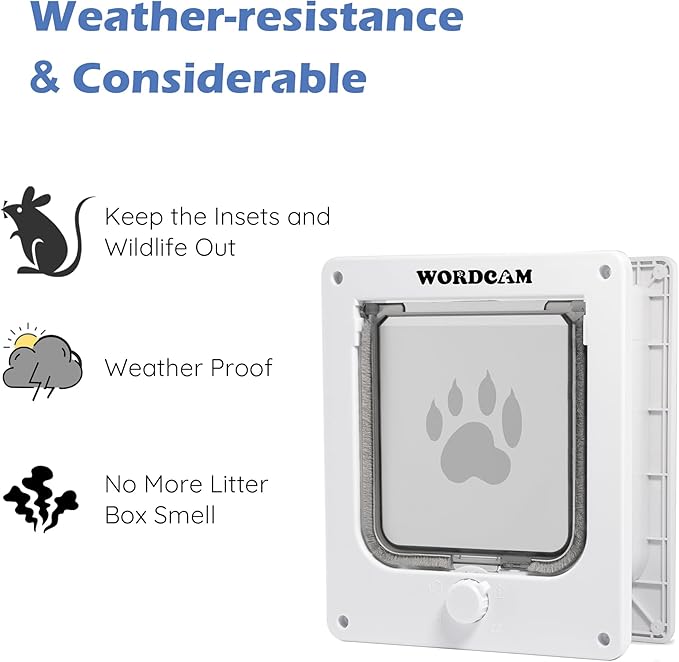 Wordcam Large Cat Door(Outer Size 10.7'' x 9.5''), Robust Cat Door for Interior Exterior Doors, Cat Flap Door with 4 Way Lock, Pet Door for Cats Kitty Kittens Doggies (White, L)