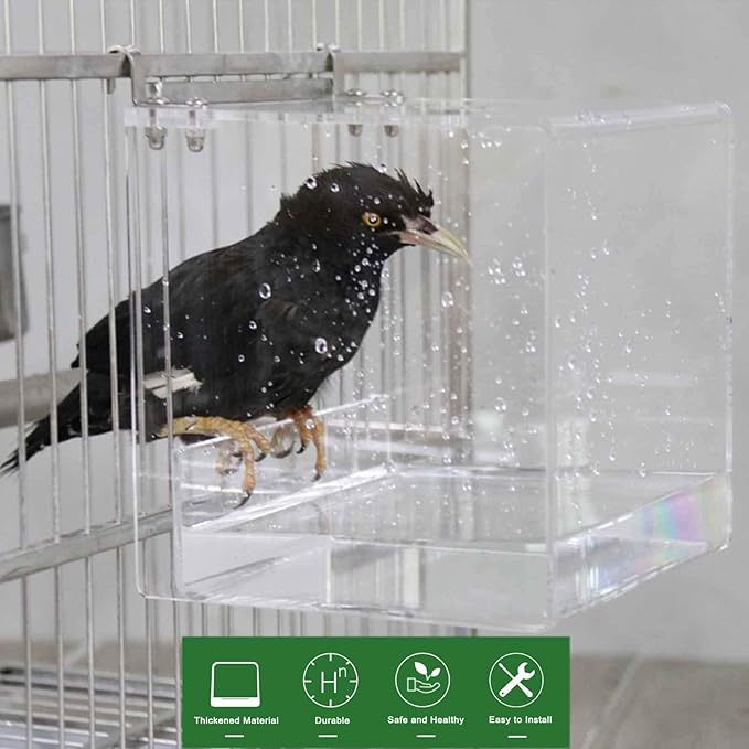 Hanging Cube Bird Bath Cage, Transparent Bird Bathtub Bath Shower with Stainless Steel Hooks for Small Bird Canary Parakeet Budgerigar Parrots Crested Myna Cockatiel Lovebird (Large)