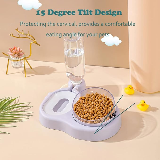 Love Dream 2-in-1 Dog Cat Bowls, 15°Tilted Raised Water and Food Bowl Set with Automatic Water Dispenser Bottle and Detachable Cat Dish, Pet Feeder for Small or Medium Dogs Cats Puppy Kitten Rabbit