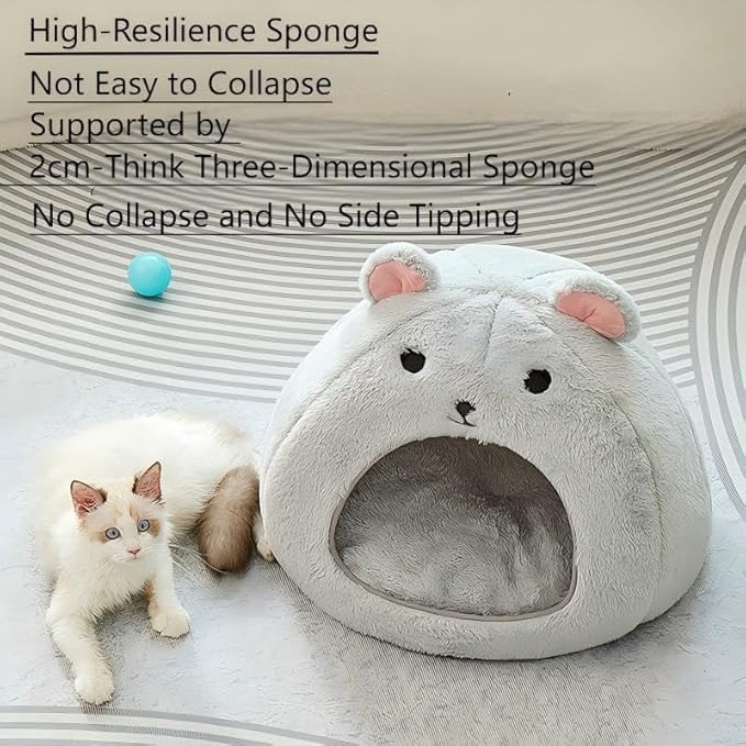 Cozy Mouse Ear Pet Cave Bed Ultra-Soft Gray Plush cave Bed, Cat Cave Beds Cat House Cat Tent with Removable Washable Cushioned Pillow, Cat Beds&Dog Beds,Perfect for Small & Medium Pets
