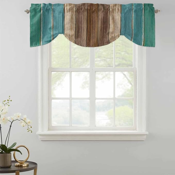 Teal Blue Brown Tie Up Valance Curtains