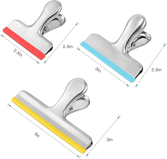 HOUSE AGAIN 12 Pack 3 Sizes Stainless Steel Chip Bag Clips Covered with Silicone - NO More Sharp Edges - Air Tight Seal Bag Clips, 5 Inches, 3 Inches and 2.5 Inches