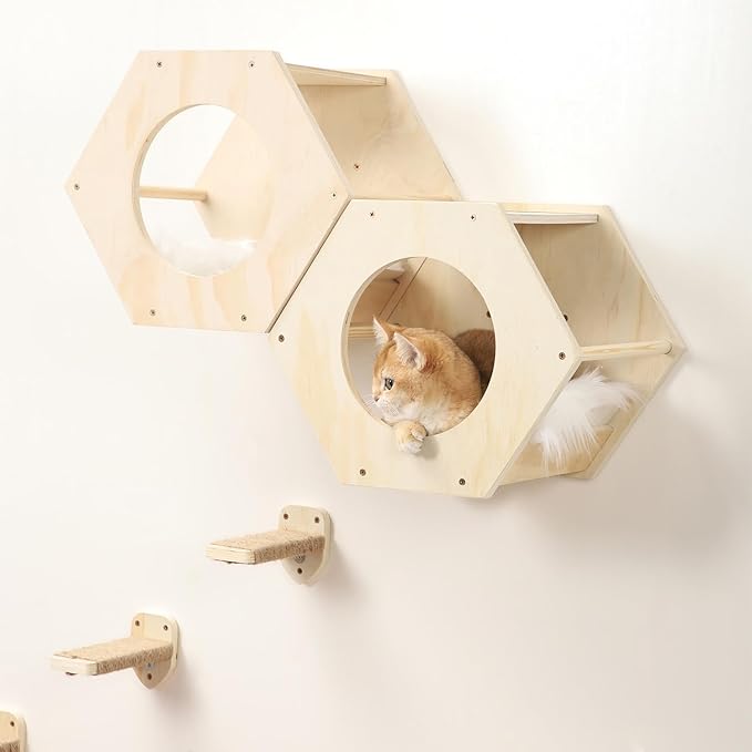 KATRIS Cat Shelves with 3 Steps Scratcher Post & Hammock, Wall Mounted Climbing Shelf for Indoor Cats (Wood)