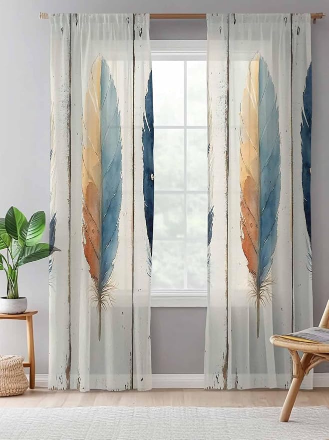 Sheer Curtains 108 Inches Long, Boho Ombre Vintage Wooden Grain Privacy Voile