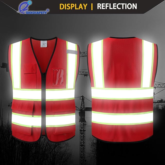 Reflective Mesh Safety Vest for Men Women with 5 Pockets and Zipper Front High Visibility Mesh Vest Hi Vis Construction Work Vest,Meets ANSI/ISEA Standards(EK175-Red-S)