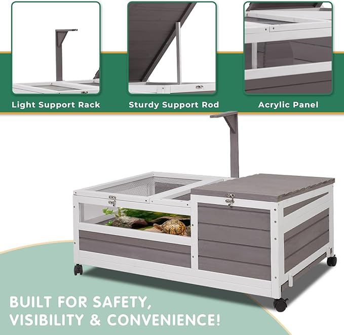 Tortoise Habitat Tank Indoor Outdoor, Wooden Tortoise House with Detachable Legs, 2-Room Reptile Turtle Enclosure Cage for Small Animals, Lamp Holder, Leakproof Tray, Grey