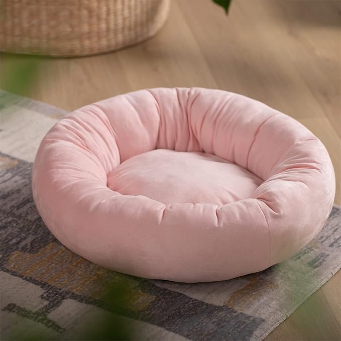 KASENTEX Round Dog Bed for Small Dogs and Puppies - Donut-Shaped, Anti-Slip, Machine Washable Cat Bed (Pink, 20x20 Inches)