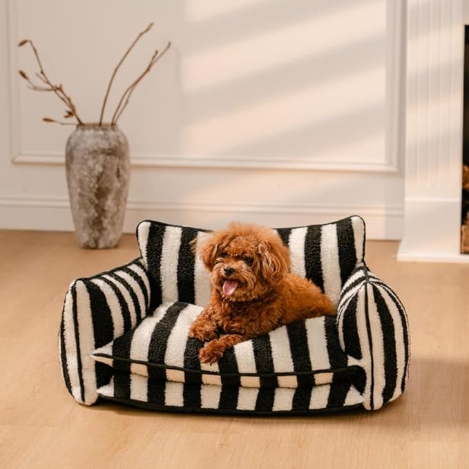 Lazy Holiday Plush Cozy Dog & Cat Sofa Bed, Teddy Velvet Dog Bed, Trendy Striped Faux Lambswool Double Layer Dog & Cat Sofa Bed Dogs Sleeping Mat for Medium Small Dogs & Cats (Beige,L)