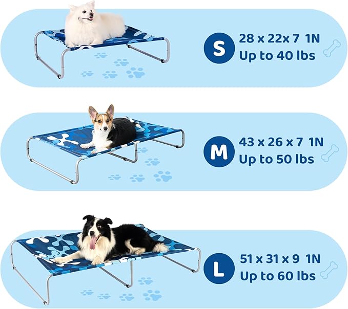 Elevated Dog Bed for Medium/Large Dogs 85lb,Cooling Raised Washable Dog Cot,Metal Frame, No-Slip Feet, Polyester Cotton,Indoor/Outdoor Pet Bed,43 * 26 * 7in, Clover Ocean Blue