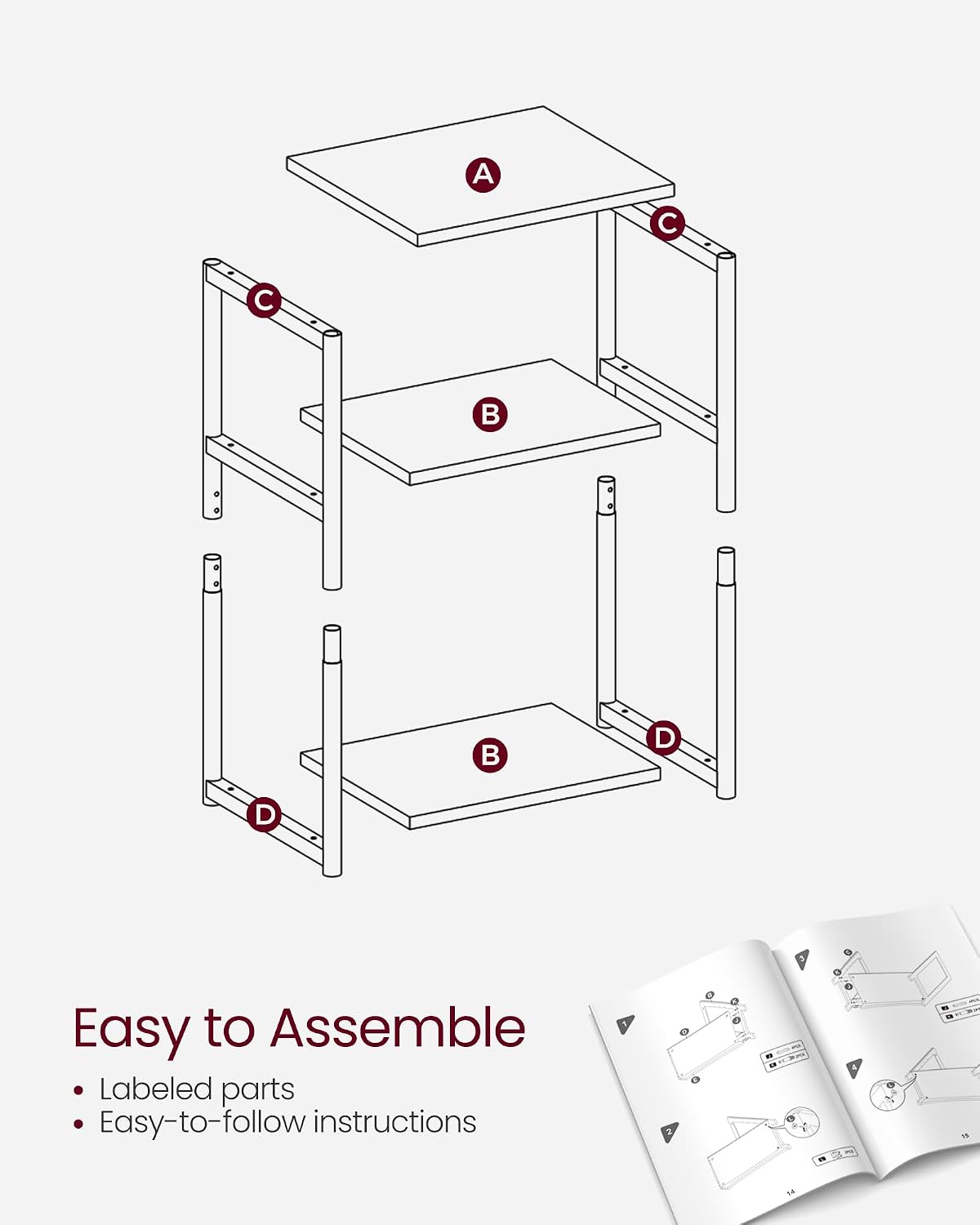 VASAGLE Side Table, Small End Table, Tall Nightstand, Steel Frame