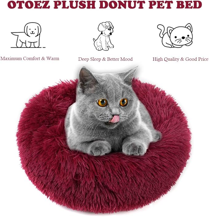 otoez Kitten Puppy Bed Small Round Dog Cat Beds Anti Anxiety Plush Pet Calming Donut Bed with Non-Slip Waterproof Bottom, Washable (19.7", Dark Red)