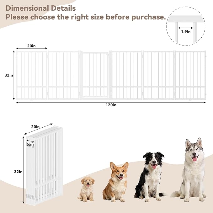 Full Metal Freestanding Dog Gate with Door, 32''Height Foldable Pet Dog Fence for Indoor & Outdoor, 6 Panels Extra Wide Free Standing TallDog Gates for Doorways,House,Stairs,Porch,Deck,Yard