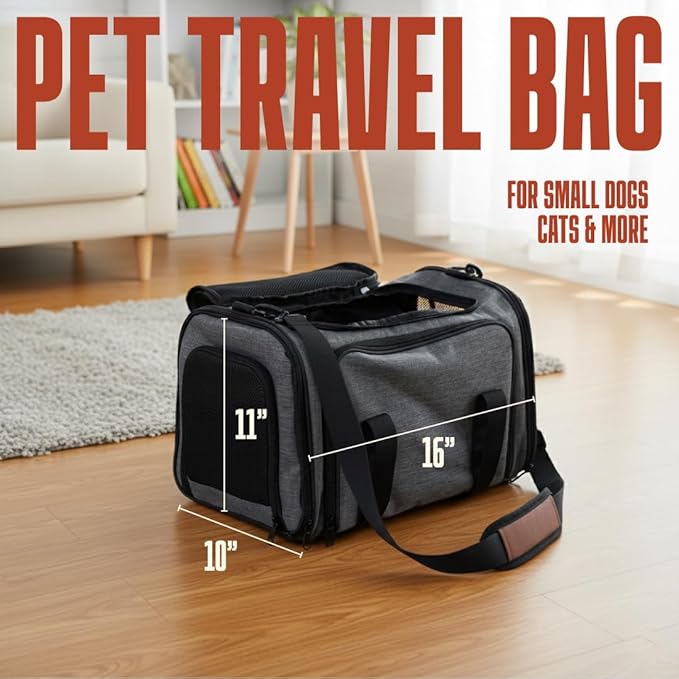 Soft Sided Pet Carrier for Small Dogs & Cats up to 9 Lbs - Breathable 100% Polyester Travel Bag with Luggage Strap & Washable Mat - Airline Approved Underseat Fit - Grey