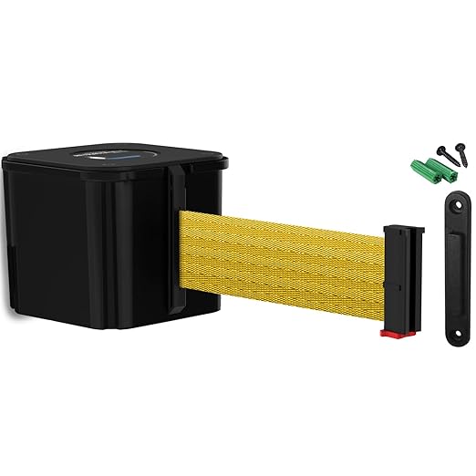 WM412 Retractable Belt Wall Mounted Smooth Black Crowd Control Barrier and Receiving End, 30' Yellow Belt
