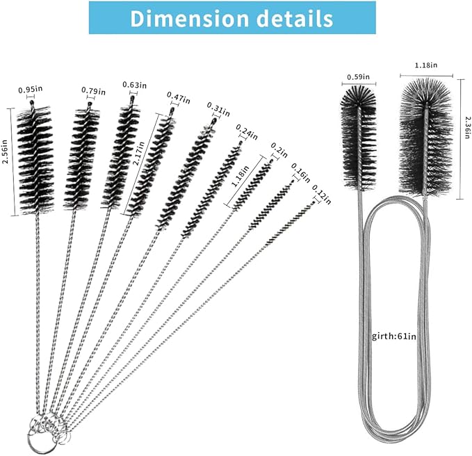10PCS Flexible Drain Brush Straw Cleaner Brush Set,Pipe Cleaners Brush,61Inch Stainless Steel Double-Ended Hose Brush 8.2Inch Nylon Long CPAP Tube Cleaning Brush for Home Kitchen Sink Plumbing