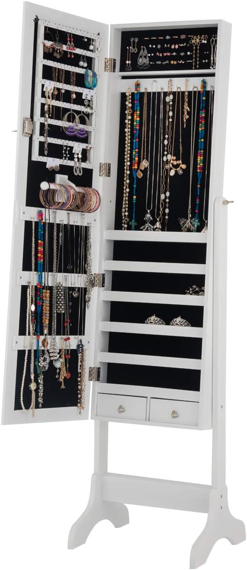 Mirror Wood Standing Jewelry Cabinet, Lockable Standing Jewelry Armoire with Key, Large Storage Capacity Jewelry Cabinet Organizer with 2 Drawers, 4 Angel Adjustable (White)