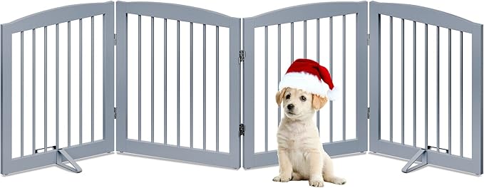 Freestanding Pet Gate for Dogs, Foldable Wooden Dog Gate for House, Indoor Dog Gate for Stair, Doorway, Gates for Dogs Indoor, 80 Inch Wide, 4 Panels 24", Grey
