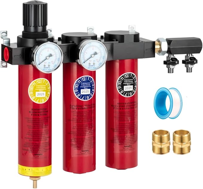 NANPU Z Series 3-Stage Air Filtration System - Sintered, Fine, & Charcoal Filters, 3/4" NPT Inlet, 1/4" NPT Outlet Module, 0-230 psi Gauge, 127 CFM @ 6 bar, Metal Housing, Heat Resistant to 248°F