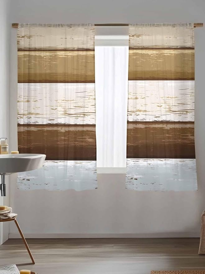 Sheer Curtains 72 Inches Long, Wood Grain Brown Semi Sheer Curtains Light