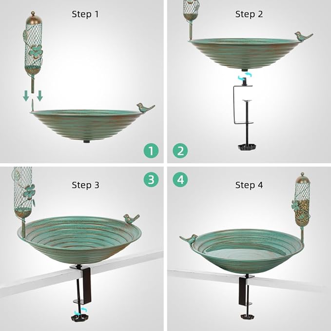 DREAMSOUL 13 Inches Deck Bird Bath, Metal Bird Bath Bowl Unheated with Clamp Detachable, Bird Baths for Outdoors Railing Balcony Garden Decor