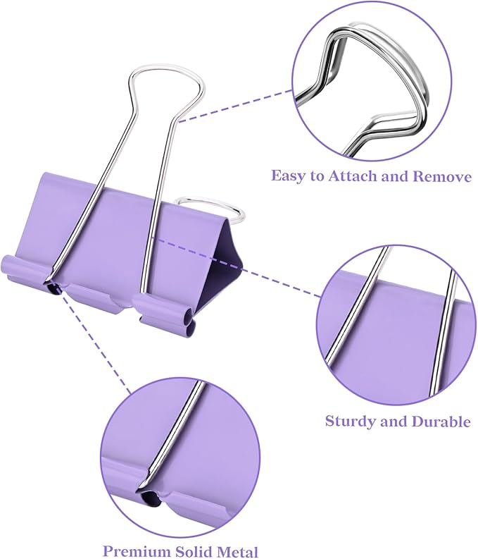 Temiary 208 Pcs Metal Binder Clips, Assorted Sizes Extra Large, Large, Medium, Small, Mini, Micro Binder Paperwork Clip, Morandi Colored Paper Clamps Bulk for Office, Home, School (Purple)