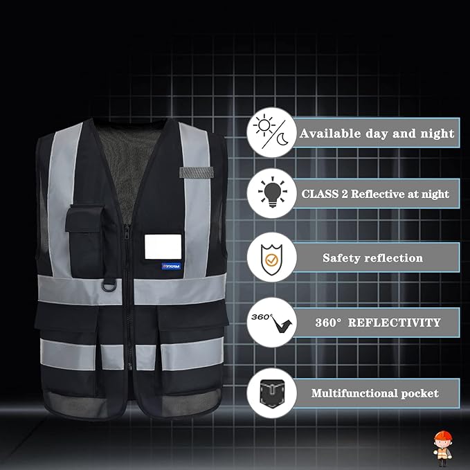 A-SAFETY 7 Pockets Hi Viz Zipper Front Working Safety Vest with Reflective Strips, Multiple Colors Available, Black S