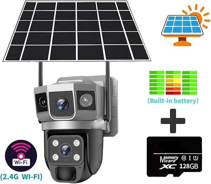 for Outdoor Camera Battery CCTV Monitor 4G SIM Card Network IP Security Pet Camera Motion Detection 3 Screen PTZ Camera(WiFi CCTV 128G Card)