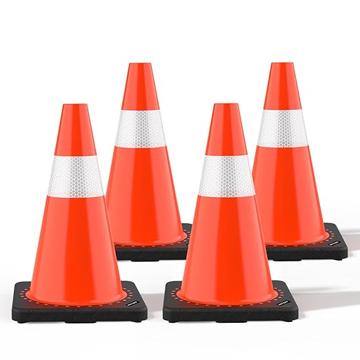(4 Pack) BATTIFE Traffic Cones 18 Inch with Black Weighted Base, PVC Orange Cone for Traffic Control,Construction Events, Driveway Road Parking Lot