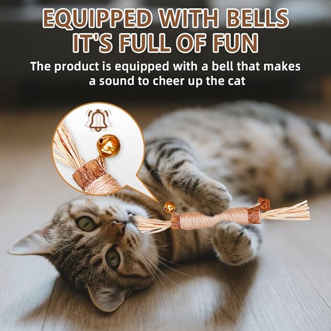 Natural Dried Matatabi Cat Chew Stick with Gall Fruit, Raffia Grass & Bell Cat Ball Toys, Handmade Silvervine Sticks Interactive Catnip Toys for Teething & Entertainment (Size L Color A)