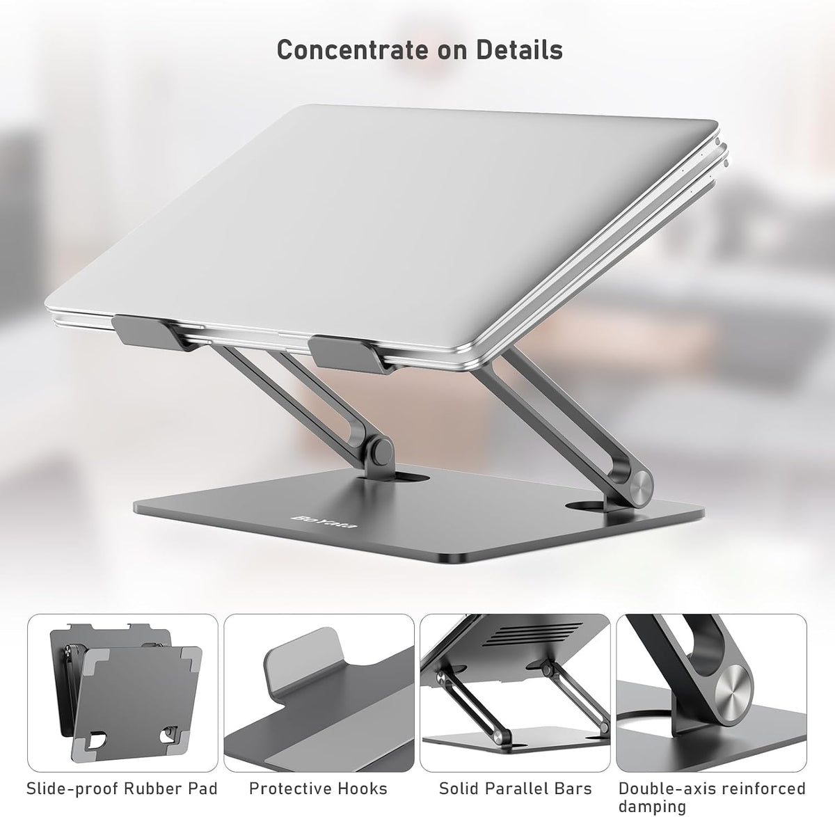 BoYata Laptop Stand, Adjustable Metal Desktop Riser, Up to 15 Inches, Gray