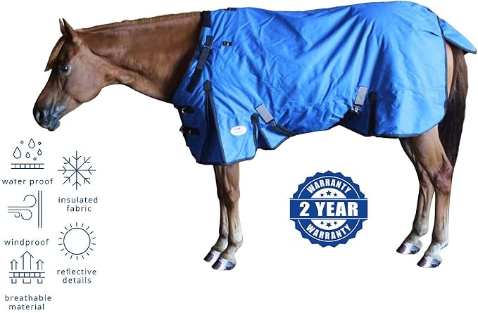 Derby Originals Nordic Tough 1200D Ripstop Waterproof Reflective Winter Horse Turnout Blanket 300g Heavy Weight, Royal Blue, 75"