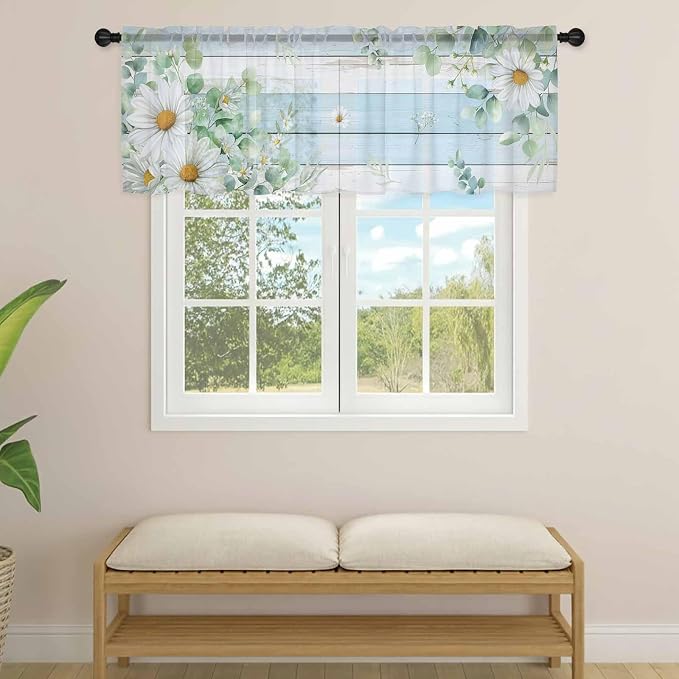Daisy Eucalyptus Leaves Sheer Valance Curtains