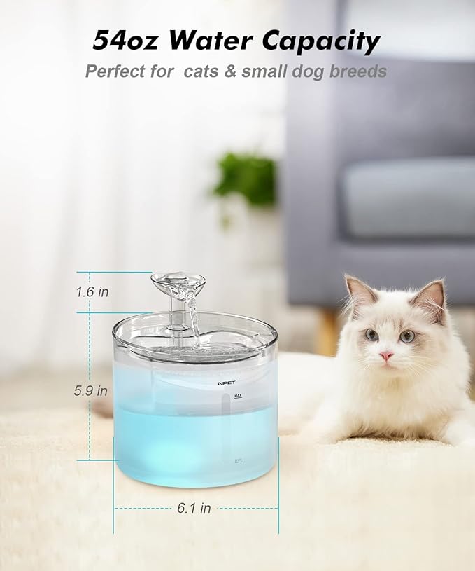 NPET WF100 Cat Fountain, 54oz/1.6L Automatic Pet Water Fountain Dog Water Dispenser with LED Light Quiet Pump for Cats & Small Dogs(Fountain+8 Filters +8 Sponges, White)