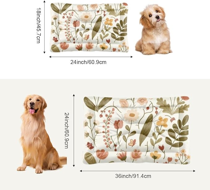 Cream Rustic Botanical Print Art Doggie Beds Dog Cage Mats for Crates Crate Pad Dog Beds for Crates Washable Non-Slip Crate Bedding Bed Cushion Mat and Furniture Indoor Outdoor 36X24 Inch