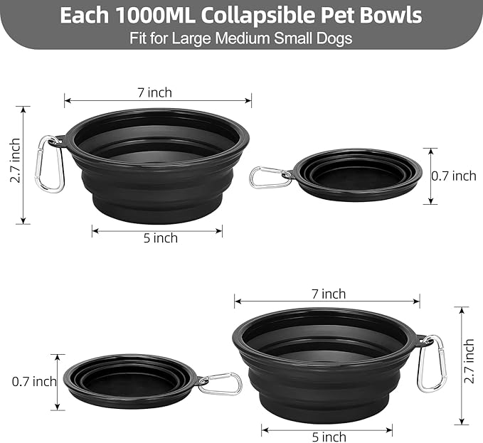 Kytely Large Collapsible Dog Bowls 2 Pack, 34oz Foldable Dog Travel Bowl, Portable Pet Water Food Bowl with Clasp, Pet Cat Feeding Cup Dish for Traveling, Walking, Hiking (Black+Black)