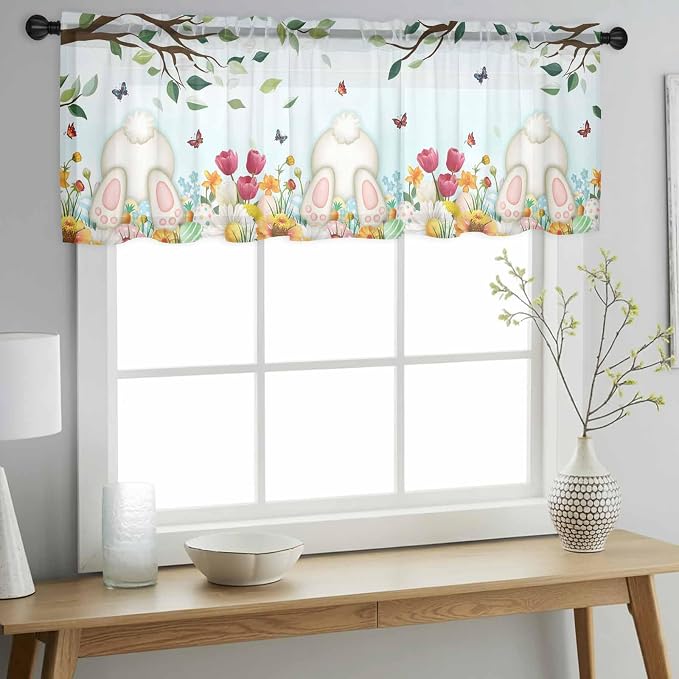 Easter Sheer Valances for Windows 42"x18", Light Filtering Kitchen Curtains