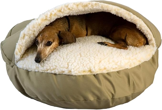 Snoozer Cozy Cave Dog Bed - Indoor Dog Bed with Cover Cave, Covered Calming Burrow for Medium & Large Sized Pets with Blanket Attached, Enclosed, Removable Washable Cover - XL, Khaki