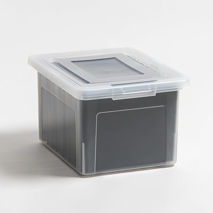 IRIS USA File Box, Plastic File Boxes With Lids, Document Organizer for Letter/Legal File, Document Box, Storage Bin For Hanging Files, Secure Latching Lid Stackable BPA-Free, Clear 35 Qt. 1 Pack