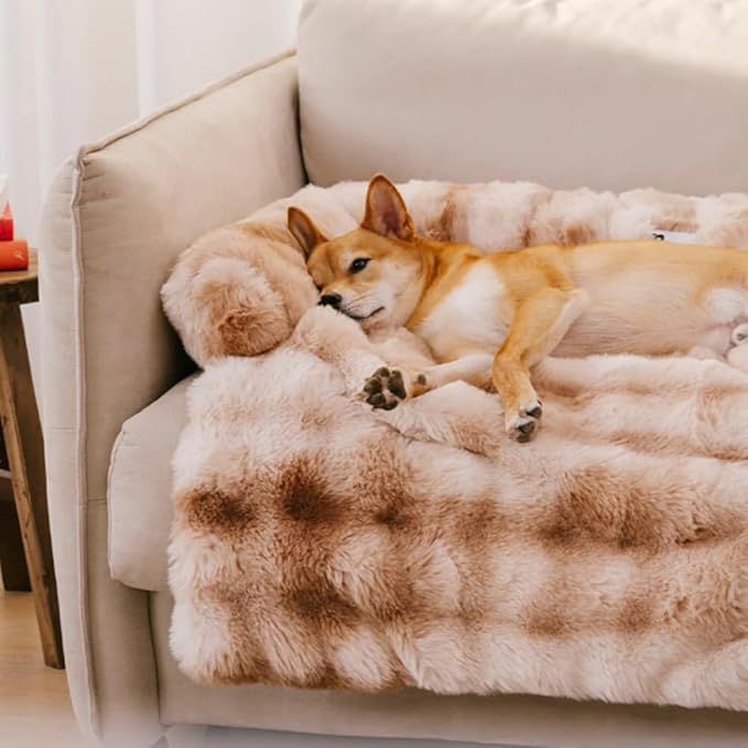 Dream Cloud Pet Sofa Bed for Dogs Cats, 2026 Washable Removable Calming Fluffy Plush Mat for Furniture Protector, Long Fur Non-Slip, for Small/Medium/Large Home Pets (Brown, S：27.6 * 24in)