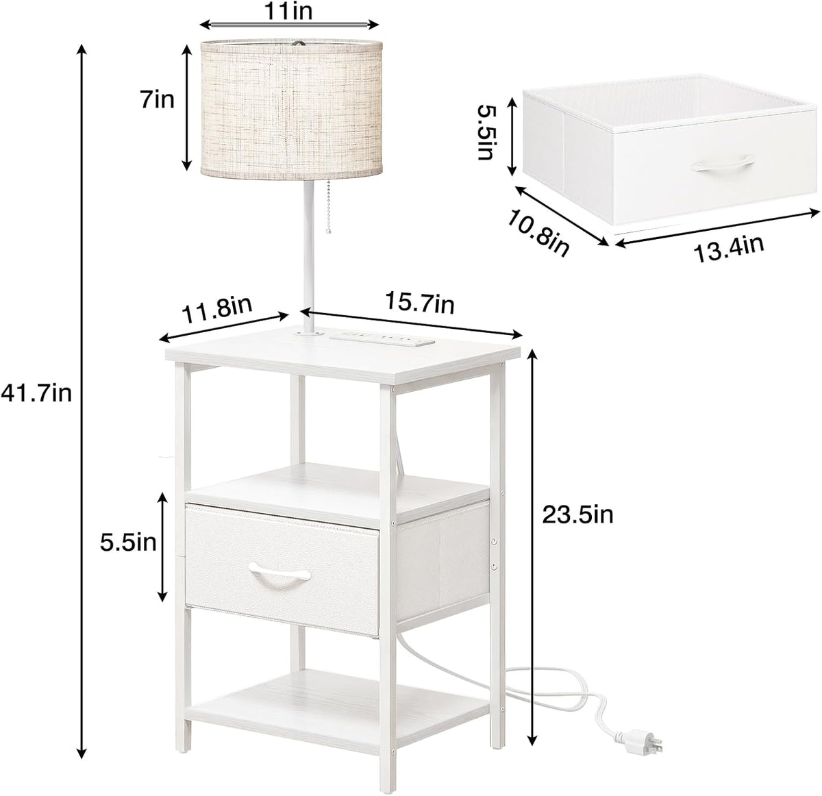 Fixwal Bedside Table with 3 Color Temperatures Bulb Attached, Nightstand with Charging Station and Lights, End Table with Fabric Drawer for Bedroom & Dorm (White)