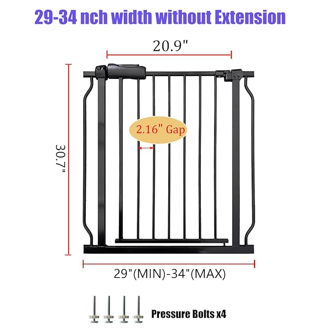Walk Through Baby & Dog Gate 29-34 Inch, Tension Mounted No Drilling, Indoor Safety Gate for Stairs & Doorways, Metal Design for Kids and Pets, Black