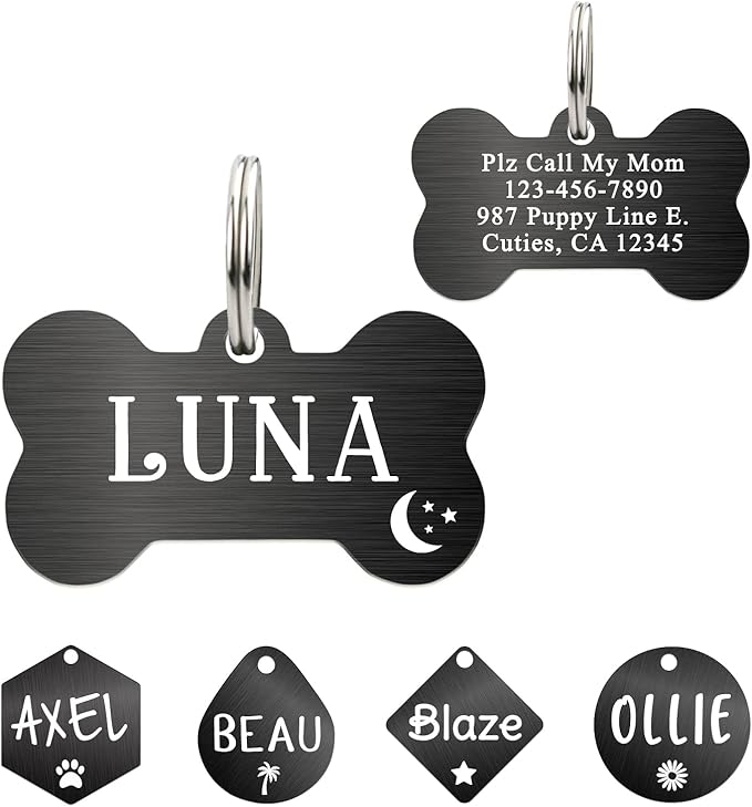 Ultra Joys Custom Personalized Pet ID Tag for Dogs, Brushed Stainless Steel Bone Dog Tag Black Small