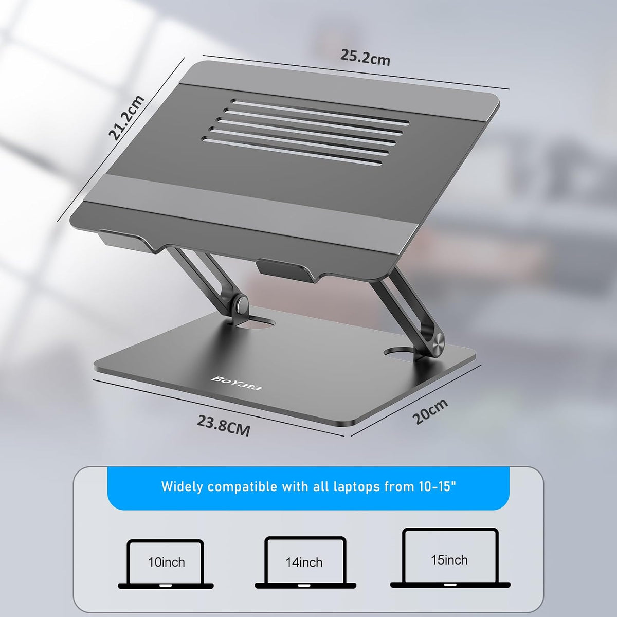 BoYata Laptop Stand, Adjustable Metal Desktop Riser, Up to 15 Inches, Gray
