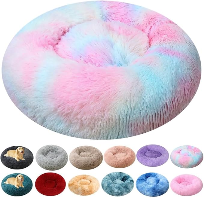 Large Calming Dog Bed, 40 Inch Anti-Anxiety Donut Dog Cuddler Cat Bed, Warming Cozy Soft Dogs Round Bed, Fluffy Faux Fur Machine Washable Pet Cushion for Medium Large Dogs & Cats (Multi Color)
