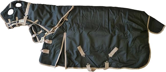 AJ Tack 1200D Waterproof Winter Horse Blanket with Hood - 400g Heavyweight Turnout with Fleece Collar, Shoulder Gussets & Tail Flap - Black 72"