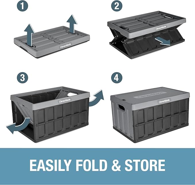 CleverMade Collapsible Storage Bins with Lids - Stone 3 Pack 62L - Plastic Containers Stackable Organization Crates Home Closet Space-Saving Durable