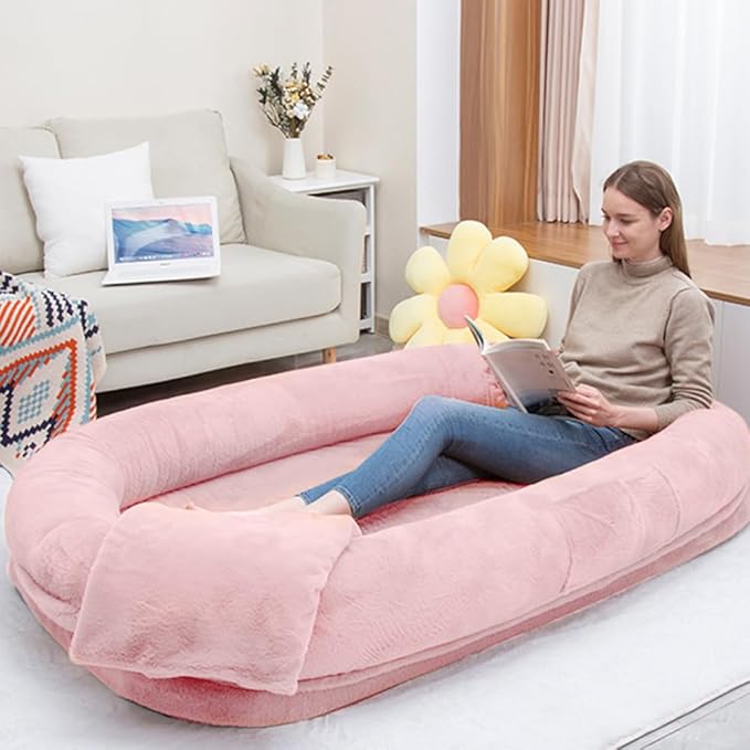 Ultra-Soft Human Size Dog Bed for People and Pets; 77”x51”x11” Extra Large Dog Bed with Raised Cushioned Rim, Removable Cover, Waterproof Lining and Bonus Blanket (77"x51"x11", Pink)